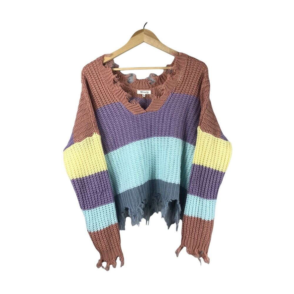 Miracle‎ USA MULTI-COLOR BLOCK SWEATER Cotton V Neck M/L